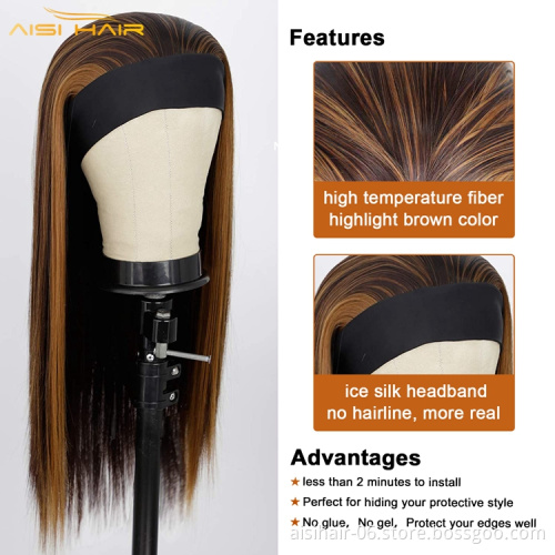 Aisi Hair Long Silky Straight Highlight Headband Wig Synthetic Hair Highlight Brown Headband Wigs For Black Women